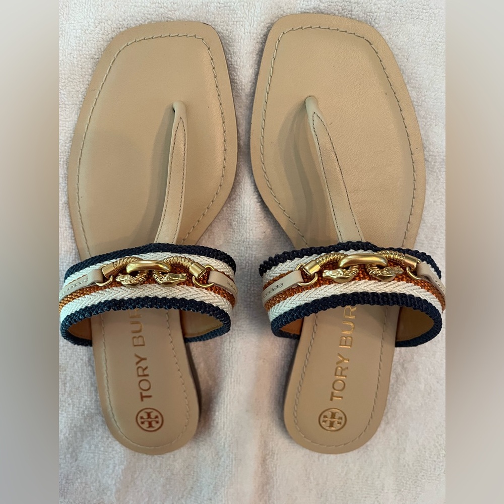 Tory Burch Beige and Navy Sandals with Gold Details